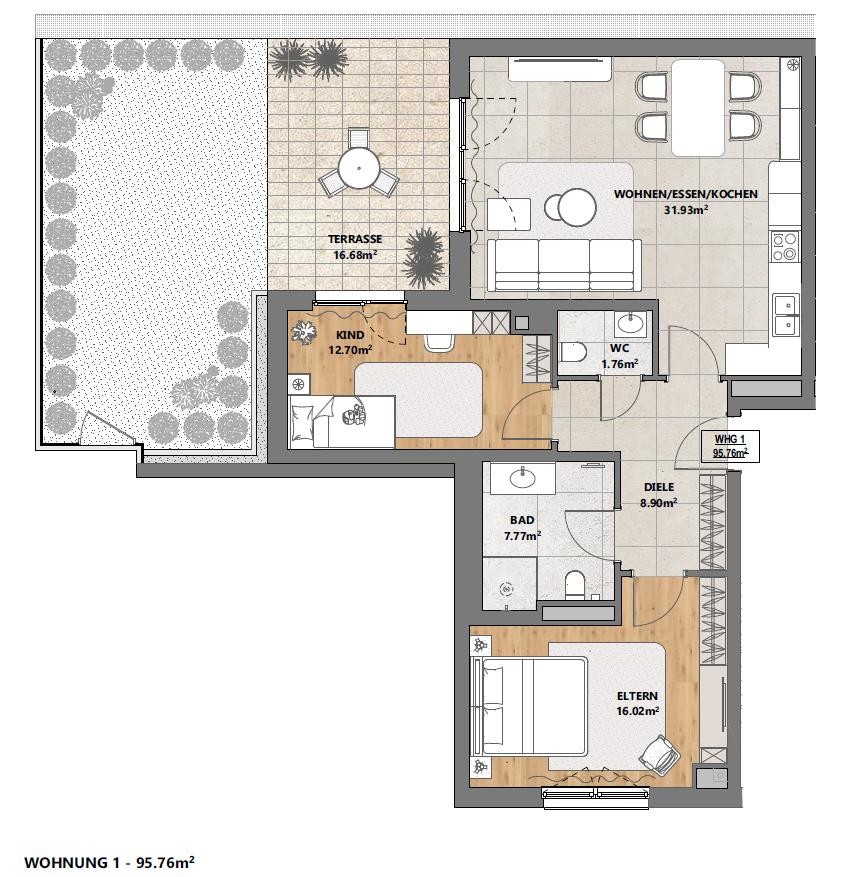 Grundriss der Beispielwohnung in Frankfurt-Fechenheim mit Terrasse und Garten.