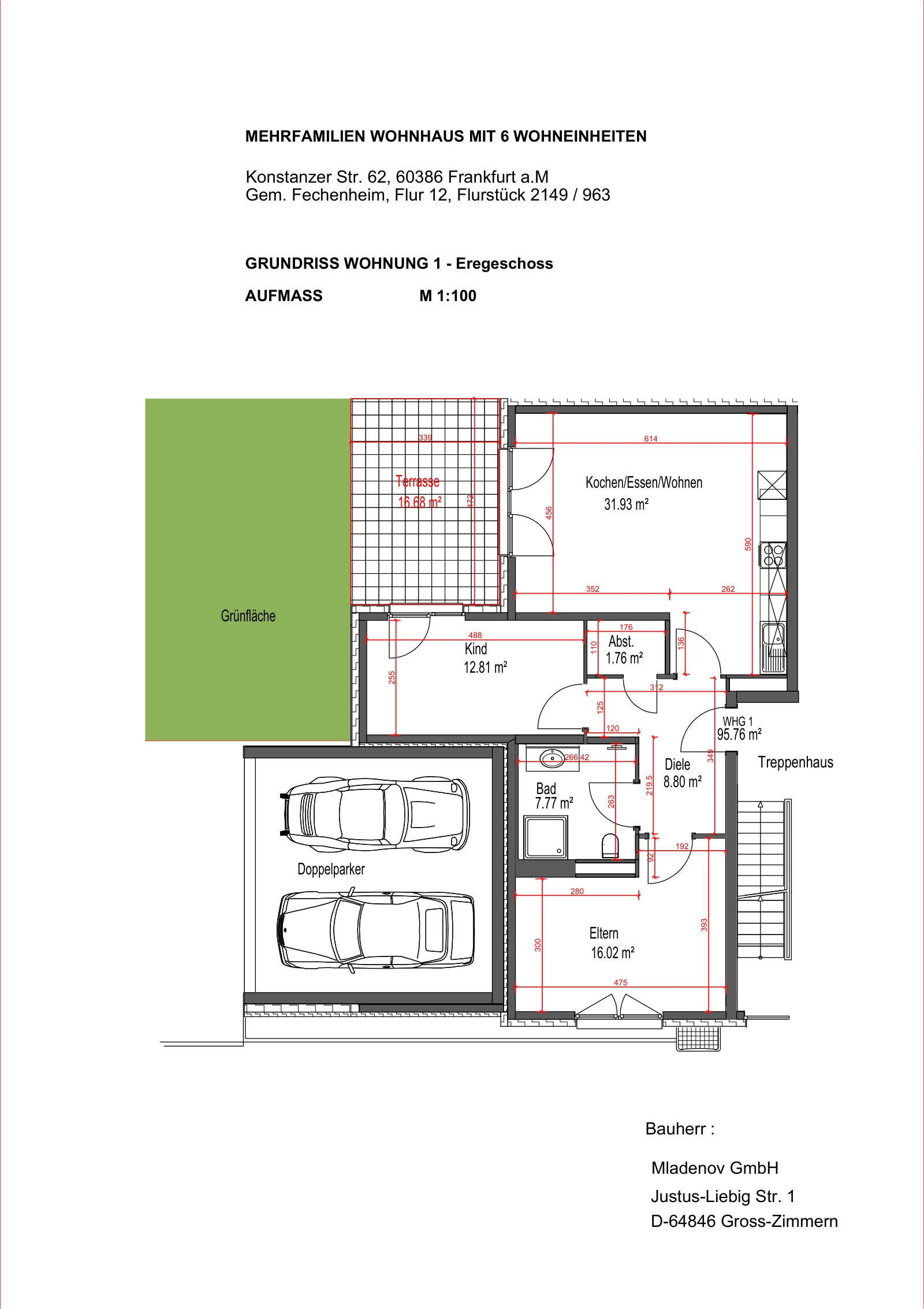 Grundriss der Beispielwohnung in Frankfurt-Fechenheim mit Terrasse und Garten.